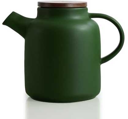 Yundu Théière en céramique de 1500 ml avec infuseur et couvercle en bois – Théière en vrac vert mat avec passoire amovible, grande capacité