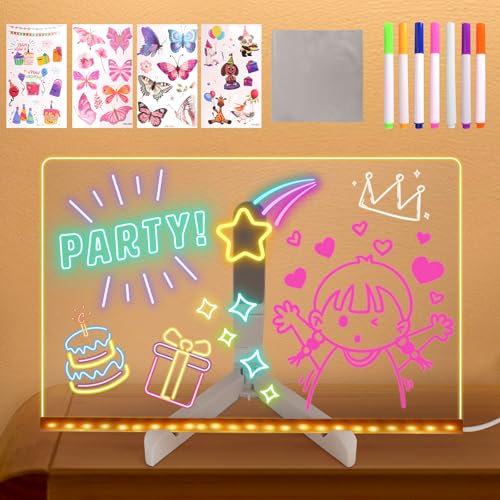 Tableau Lumineux Dessin Led, Acrylique Tablette Lumineuse Dessin Led avec 7 Stylos Néons, avec Support Réglable, avec Autocollants De Transfert, Essuyable, Cadeau Créatif pour Enfants Fille