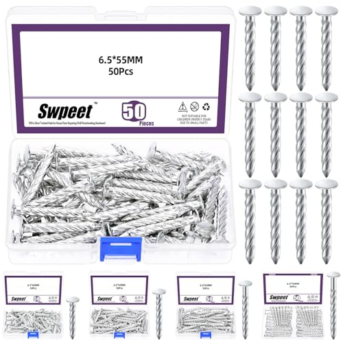 Swpeet 50 chiodi a vite filettati zincati da 6,5 x 55 mm, chiodi per pareti in calcestruzzo Chiodi in cemento in acciaio inossidabile 304 chiodi solidi zincati per la lavorazione del legno