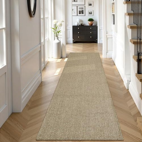 Uphome Kitchen Runner Rug, 2'6x8 Washable Boho Rug Runners for Hallways Non Slip, Low Pile Woven Cotton Modern Carpet Runners, Stain Resistant Bedroom Runner Rug for Hallway Entryway Entrance, Tan