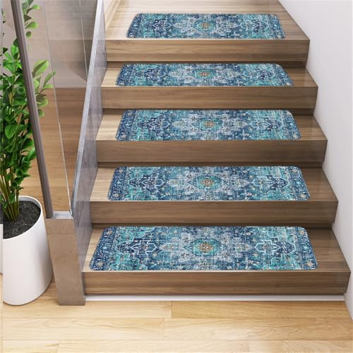 Tappetini Antiscivolo per Scale con Supporto in Gomma, Stile Etnico Persiano, 20x76 cm, per gradini in Legno, per Interni, per Bambini, Anziani e Animali Domestici (Set da 10, Blu)