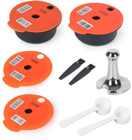 Reusable Coffee Pods for Ta*ssimo with Tamper Stainless Steel Coffee Pads Refillable Coffee Capsules with 4 Yellow Lids 60/180/200/220 Ml Compatible with Ta*ssimo Machine