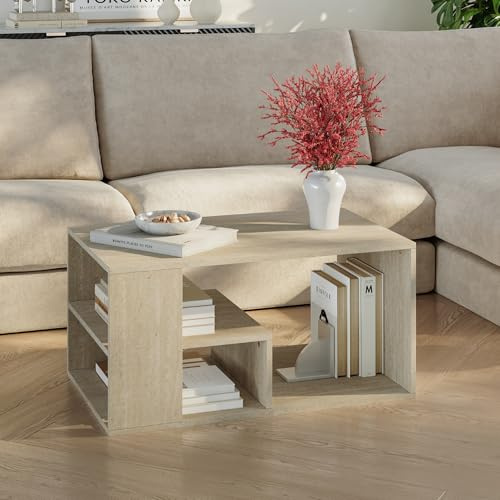 [en.casa] Tavolino da Salotto Centrale con Piano Rettangolare Tavolo Basso da Caffè con Scomparti Aperti per Soggiorno Living Studio 80 x 50 x 40 cm - Color Avorio Travertino