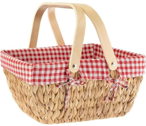 Zhdbchyuu Picnic Basket with Removable Liner, Handmade Water Hyacinth Basket, Empty Gift Baskets with Wooden Handle