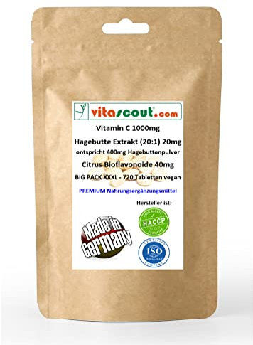 Vitamin C 1000 mg - 720 Tabletten + Citrus Bioflavonoide 40 mg + Hagebutten-Extrakt 20 mg, vegan, ohne Magnesiumsalze der Speisefettsäuren (Magnesiumstearat)