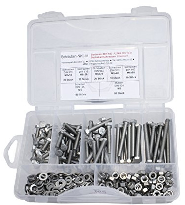 Sortiment Edelstahl V2A Schrauben DIN 933, Muttern sechskant DIN 934 und Scheiben DIN 125, Sechskantschrauben mit Gewinde bis Kopf M5 alles in A2, VA bzw. Nirosta, 320 Teile