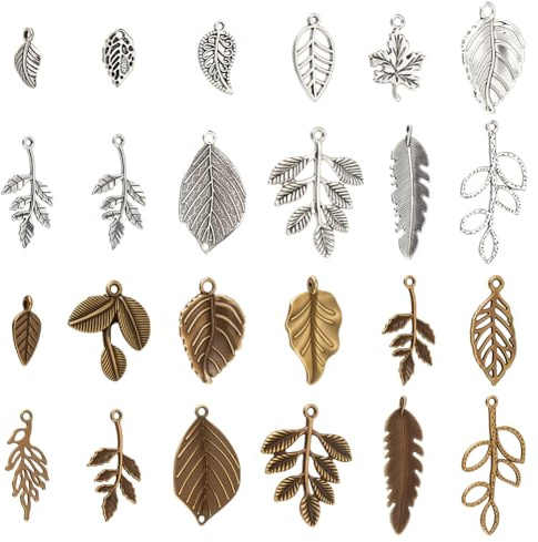PandaHall 96pcs 14 Arten tibetische Legierungs-Baum-Blatt-Charme-Anhänger-Blatt-Niederlassungs-Korn-Charme für die DIY Armband-Halsketten-Schmucksachen, antikes Bronzesilber