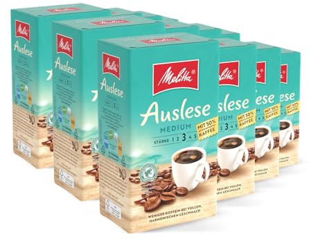 Melitta Auslese Medium Filter-Kaffee 12 x 500g, gemahlen, Pulver für Filterkaffeemaschinen, 50% entkoffeiniertem Kaffee, mittlere Röstung, geröstet in Deutschland, im Tray