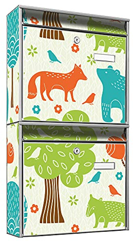 banjado Briefkastenanlage 2 Fach - 2 Briefkästen 36x64x10cm groß - Doppelbriefkasten Set - Namensschild, 2 Schlüssel, Montagematerial - Stahl verzinkt Silber - Motiv Fuchs Bär Wald