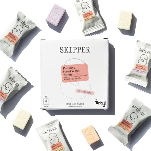 Tirtyl Skipper skummande handtvål tablett påfyllningar – 6-pack – 1,5 L totalt (6 x 250 ml) – omprofilerad – komposterbar förpackning – varierande doftpaket