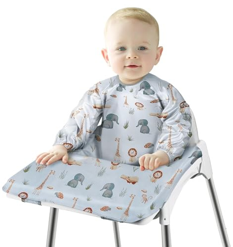 Vicloon haklappar med ärmar, avvänjning haklapp för baby och småbarn Fästa på barnstol och bord, vattentät långärmad haklapp unisex matningshaklappar för spädbarn (blå elefant)