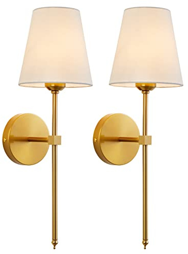 KUAUGST Wall Sconces Sets of 2, Retro Industrial Wall Lamps, Bathroom Vanity Sconces Wall Lighting with White Fabric Shade, Suitable for Bedroom Living Room Corridor Kitchen