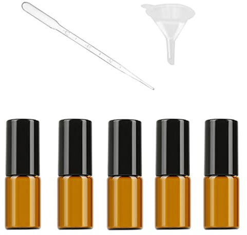 NA - 5 botellas de 3 ml para aceites esenciales rellenables, de vidrio ámbar marrón con bolas de rodillo de acero inoxidable, incluye 1 embudo y 1 pipeta de plástico