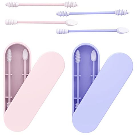 Lot de 4 Coton Tige Réutilisable pour les oreilles, Double tête, Bâtonnet en Silicone Doux Lavable avec Étui de Rangement Hygiénique, pour Le Maquillage et Le Nettoyage des Oreilles