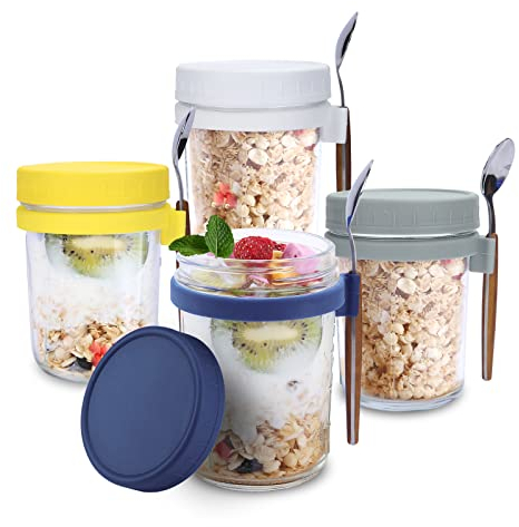 Oursouion 4 Pack Overnight Oats jars with Lids and Spoons, Reusable Glass Overnight Oats Container with Measurement Marks, Breakfast Pots,Oatmeal Container for Milk, Cereal, Fruit.