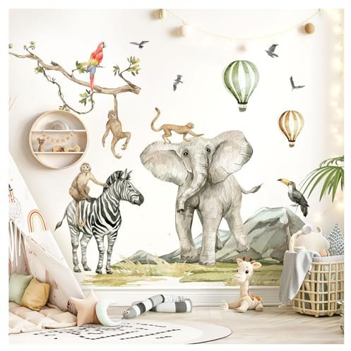 DEKO KINDERZIMMER Wandtattoo XXL Dschungeltiere Wandsticker Safari Elefant Affen Wandaufkleber Kinderzimmer Schlafzimmer Wanddeko DK1088-5