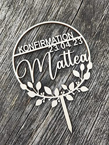 Cake Topper für Konfirmation, Kommunion, Taufe, Jugendweihe, Geburtstag, Kranz, Personalisiert, Topper, Datum