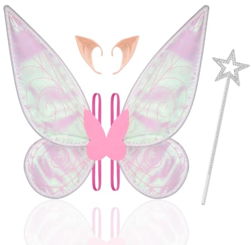 Aomig Fairy Wing, fjärilsvingar för barn, flickor, glittrande skira vingar med blommande pannband, tomteöron och Fairy Wand, Angel Wings Princess Fancy Dress Up-kostymer för Halloween-fest Cosplay