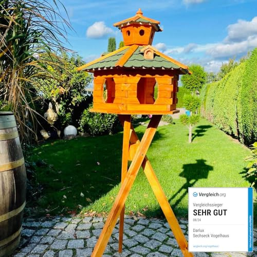 DARLUX Handgefertigtes XXL-Sechseck- Vogelhaus aus Holz mit Ständer | lasiert, Outdoor, Garten, Balkon, Futterhaus, Futterhäuschen (Größe XXL mit Ständer, Grün - Braun)