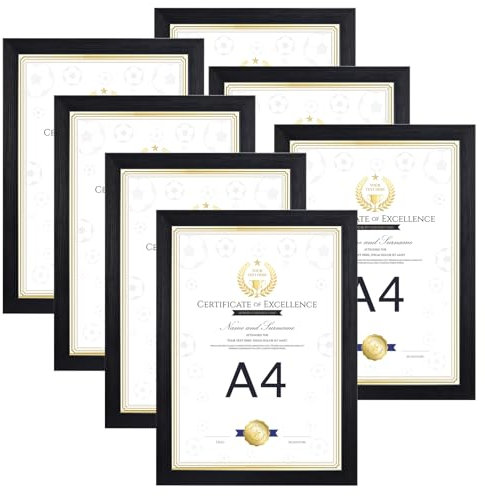 EXYGLO Black A4 Picture Frame Set of 7, A4 Photo Frames for Wall and Tabletop Diaplay - Ideal for Certificates, Posters, Documents, and Artwork