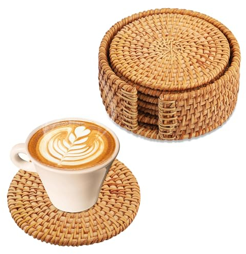 Rattan Untersetzer Set mit Halter - 6er Set Glasuntersetzer Tischuntersetzer Korkuntersetzer Rund für Getränke, Tassen, Bar - Dekorative - Glas untersetzer Set Holz