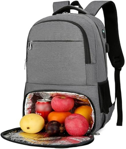 YYKSYDPT - Mochila isotérmica para comida para hombre, mujer, mochila para almuerzo, mochila para ordenador portátil con puerto de carga USB, mochila de viaje con bolsa isotérmica