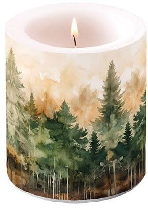 Ambiente Kerze Stumpenkerze Wachswindlicht Dekorationskerze 9 cm hoch 35h Brenndauer aquarell Wald Serie evergreen trees