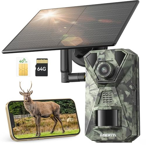 DEATTI Solare Fotocamera da Caccia 4G LTE con App e Scheda SD 64G Fototrappola con Sim Velocità di Trigger 0,1S, Fototrappole Caccia con Batteria Integrata da 7800 mAh,Impermeabile IP65