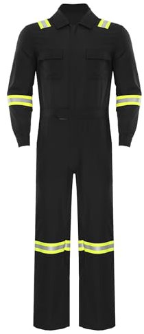 Linjinx Herren Arbeitsoverall Latzhose Schutzoverall mit Reflektierende Streifen Langarm Bodysuit Jumpsuit Ganzkörperanzug Arbeitskleidung Schutzkleidung Schwarz S
