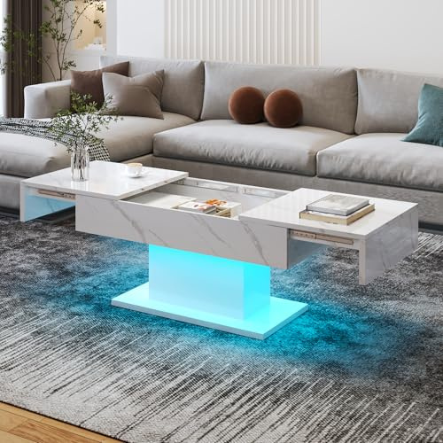 KEEPREAPER Couchtisch Wohnzimmertisch mit LED Hochglanz ausziehbar | versenkbar mit Stauraum für Sofa Wohnzimmer, 108x53x49cm Weiß marmor