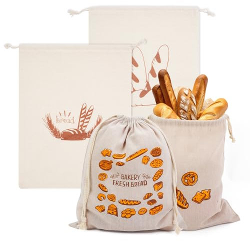 4PCS Bread Bags for Homemade Bread, Eco Reusable Cotton Linen Bags, 38×31cm Large Food Bread Storage and Container, Kitchen Bread Bag Set with Four Patterns to Keep Bread Fresh
