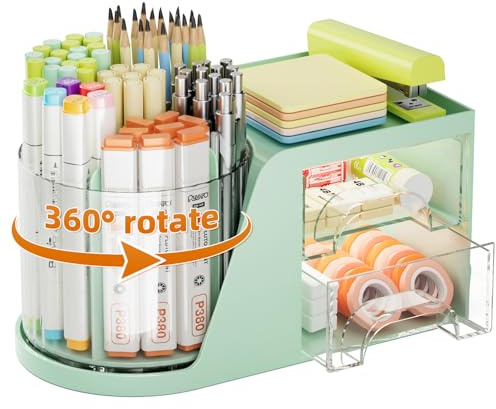 Marbrasse Schreibtisch Organizer mit 2 Schubladen,360 Grad Drehbarer Stifthalter,Schreibtisch-Organizer mit 5 Fächern,Aufbewahrungsbox für Heim Büro(Grün)