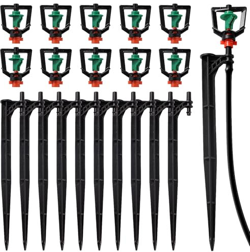 VooGenzek 10 Piezas Microaspersor y 10 Piezas Estacas de Apoyo, Aspersores Giratorios de 360 Grados, Boquilla de Pulverización de Refracción, Aspersores de Riego Colgantes, para Granja