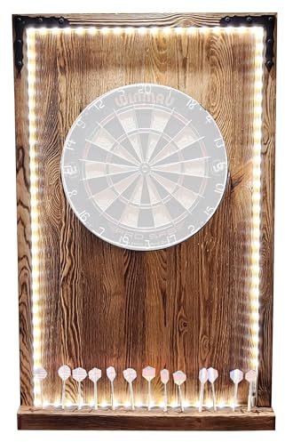 WEECO Dart Holz Dartboard mit Wand Schutz und LED Beleuchtung - Fernbedienung, Netzstrom - Wand Schutz aus flammengebranntem Kiefernholz, Vintage Stil, 112x70cm