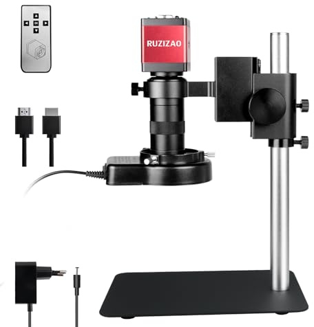 RUZIZAO Microscopio Digitale, 1080P HDMI VGA Microscopio Elettronico con Fotocamera, Obiettivo Zoom 130X e Luce Anulare a LED, Microscopi Profesional con Base Metallo per Monete/Saldatura/Riparazioni