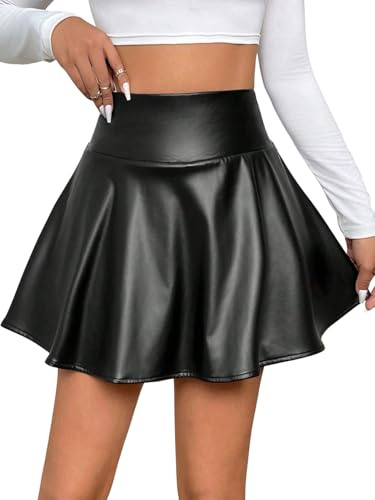GORGLITTER Damkjol, sommar, läderkjol, hög midja, minikjol, PU-läder, sommarkjol, kort, veckad kjol, A-linje, kjolar, dragkedja, minikjol, svart, XL