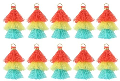 QUARKZMAN 10 Stück Winzige Dreischichtige Quasten 1,6 Mini Quaste Taschenanhänger Böhmische Handgefertigte Quasten Schlüsselanhänger für DIY Projekte Schmuckherstellung (Rot/Hellgelb/Grün)