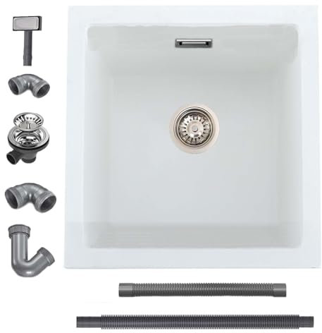 iAnomla Quartz White Kitchen Sink, 40x45cm/16x18in, Composite Inset/Undermount Kitchen Small Sink Waste Kit,Single Bowl Commercial with Overflow, Suitable for Workstation