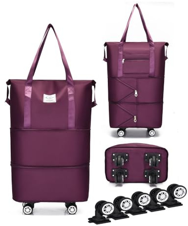Expandable Foldable Duffel Bag with Detachable Wheels, 64L Large Capacity Rolling Travel Duffle Bag, Lightweight Carry on Luggage with Spinner Wheels, Weekend Gym Tote Bag (Deep Purple)