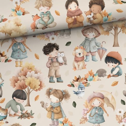 50x150cm Kinder & Tiere Stoff - Kinderstoffe zum Nähen aus 100% Baumwolle - Premium Baumwollstoff - Kinder Stoffe mit Mädchen Jungen Katze Hund Eule Fuchs Igel - keine Meterware - Blätterliebe