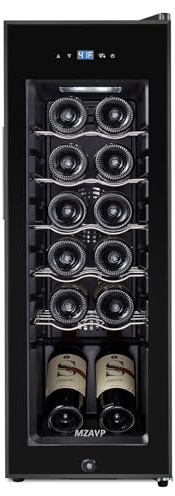 MZAVP Mini Wine Fridge, 12 Bottle Compressor Wine Cooler Refrigerator, Freestanding Wine Cellar For Red&White Wine, Digital Temperature Control, Removable Shelves, Glass Door