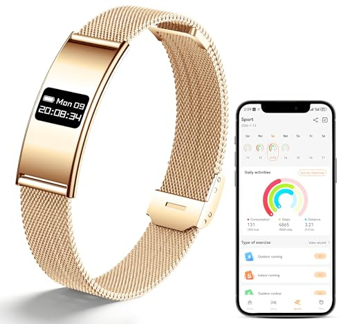 Irondance Smart Bracelet for Women Men, Activity & Fitness Trackers/SpO2/Heart Rate/Sleep Stress/1ATM Waterproof,Automatic Monitoring Wearable Fitness Tracker with Free App,2 Bands (Golden)