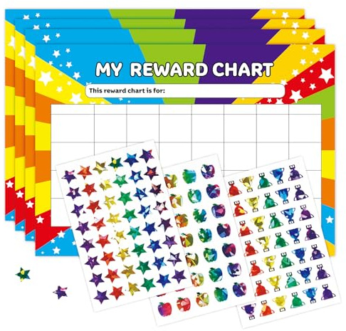 4 PCS A4 Children's Star Reward Chart and 3 Style Reward Stickers,Potty Training Rewards Chart Behaviour Charts for Girls and Boys,Encourage Educational and Rewards Good Behaviour