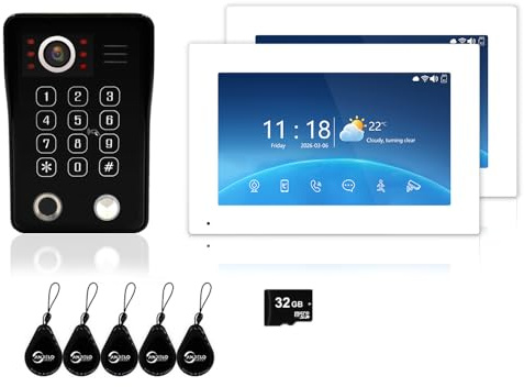 4-Draht-Video-Türtelefonsystem, schwarze Klingel, 17,8 cm Touch-Monitor, 2 MP Türklingelkamera, 148° Weitwinkel, IR-Nachtsicht, digitaler Bilderrahmen, Bewegungserkennung (1 Türklingel + 2 Monitore)