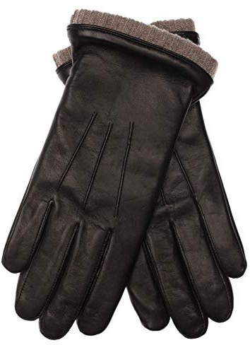 EEM Herren Lederhandschuhe, weiches italienisches Leder, Fleecefutter, Strickbündchen, schwarz/beige S