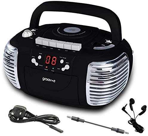 Portable Retro Boombox CD Player, Cassette Tape RECORDER, FM Radio, AUX IN (Play music from MP3 players, Smart Phones, Tablets, etc) Inc: Earphones, 3.5mm Jack Lead & UK Power Lead (Black)