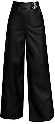 Mujeres Ancho Pierna Palazzo Pantalones Holgados Flojos Suave Pantalon Polipiel Negro S