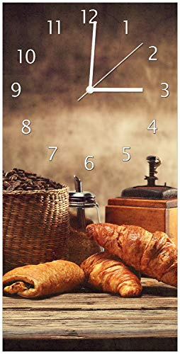 Wallario Design-Wanduhr Französisches Frühstück mit Café und Croissants aus Glas, Motiv-Uhr Größe 30 x 60 cm, weiße Zeiger
