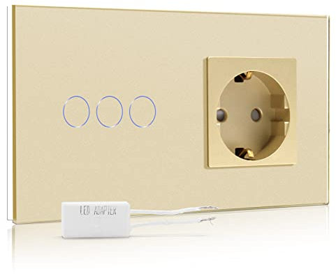 BSEED Dimmer Schalter mit Steckdose mit LED Anzeige 1 Fach 1 Weg Berühren Sie Das Sensorfeld Touchscreen Wandsteckdosen Led Dimmer Touch Lichtschalter Gold