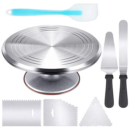 Boyun Tortenplatte Drehbar Edelstahl, 30,5 cm Kuchen-Drehteller mit 32,3 cm abgewinkeltem Zuckerguss, Glätter mit 3 Kammen, Silikonspatel, Tortenheber/Ausstecher, Back-Dekorationswerkzeuge
